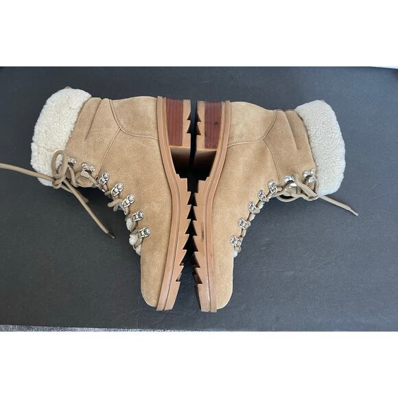 Marc Fisher LTD Brylee Beige Cream Shearling Trim Suede Lace Up Combat Boots 10M - Picture 5 of 10